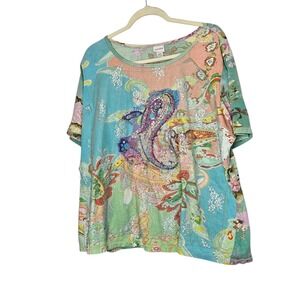 Venezia Plus 22/24 Floral Paisley Embellished‎ Artsy Top Colorful Distressed
